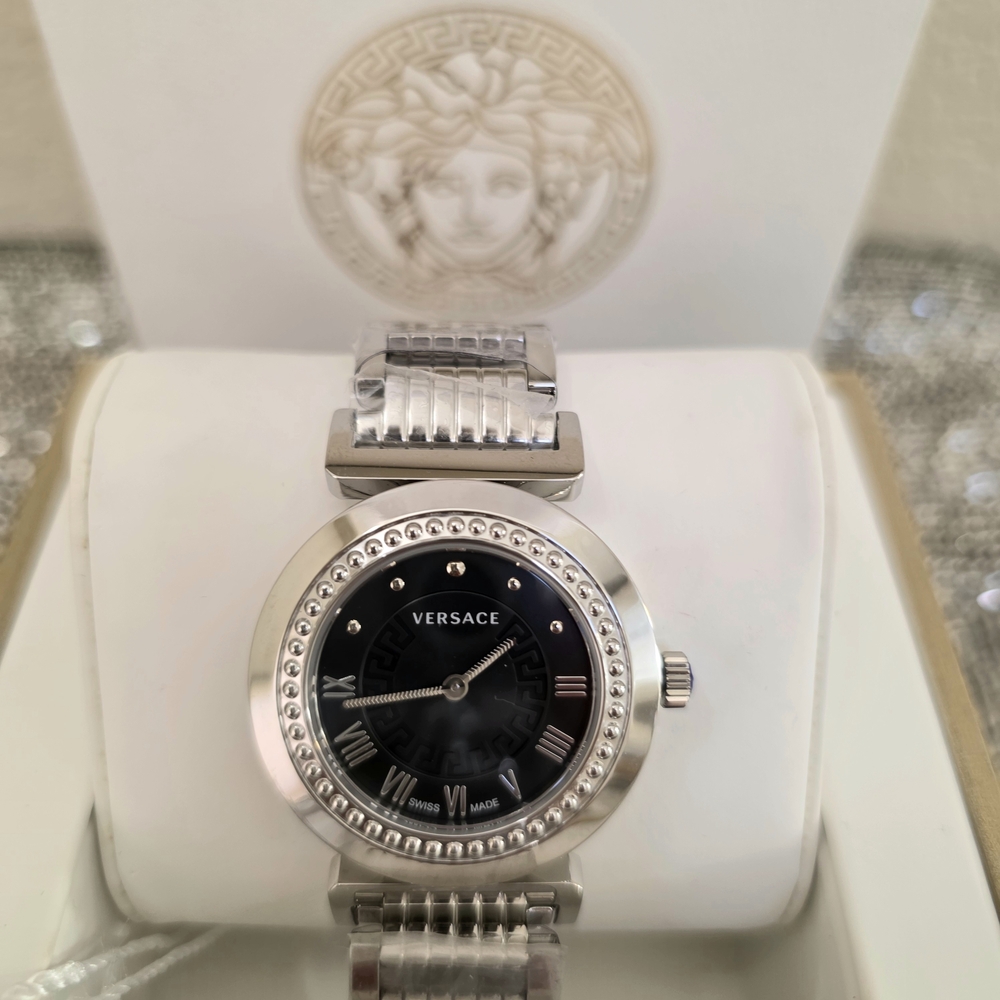 NEW Versace Swiss Made Stainless Black Dial Silver Bracelet Women's Wristwatch